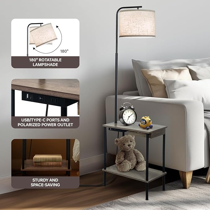 Floor Lamp with Table & Drawers, End Table Lamp with USB Charging Portt Power Outlet and Shelves, Side Table Reading Light with 3 Color Temperature Led Bulb Included for Living Room, Gray - Bloomnest