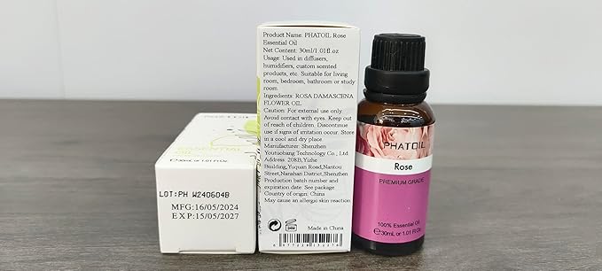 Rose Essential Oil, 1.01Fl.Oz (30ML) PHATOIL Pure Essential Oil Singles for Aromatherapy Diffusers, Humidifiers, Great for DIY Candle and Soap Making, Gift for Friend PHATOIL