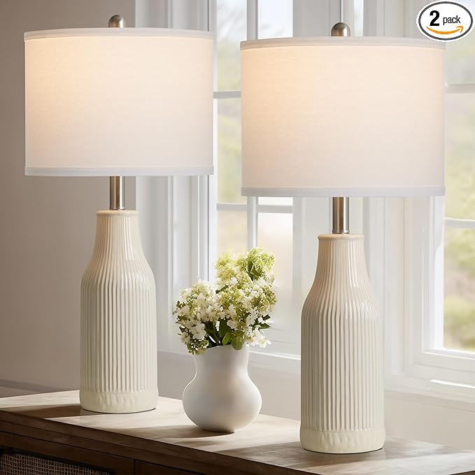 24.5" Ceramic Table Lamps Set of 2, Modern Farmhouse Bedside Lamps for Bedroom Nightstand, Small Table Lamp for Living Room End Table, Beige (2 LED Bulbs Included) - Bloomnest