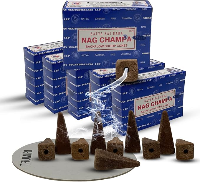 Nag Champa Backflow Incense Cones for Waterfall Aromatic Smoke Fountain Haze Falls and Mat Bundle - Pack of 6 TRUMIRI