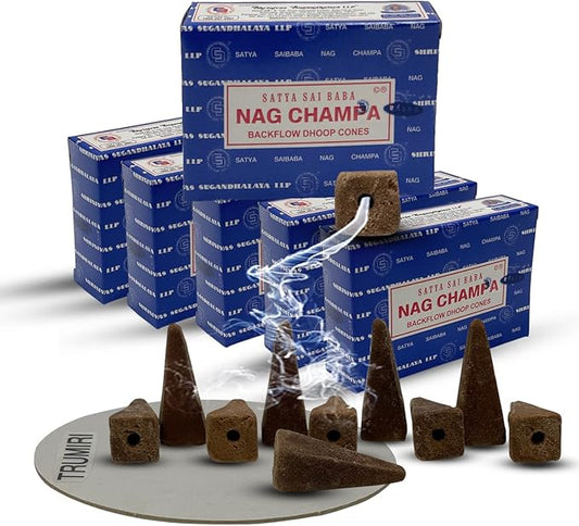 Nag Champa Backflow Incense Cones for Waterfall Aromatic Smoke Fountain Haze Falls and Mat Bundle - Pack of 6 TRUMIRI