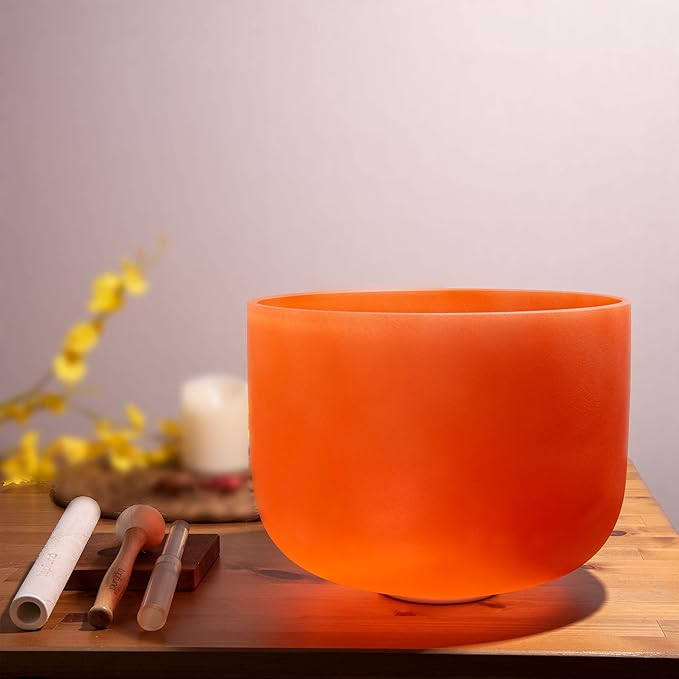 TOPFUND Orange D# Note Crystal Singing Bowl Navel Chakra 10 inch with Heavy Duty Carrying Case and Suede Mallet