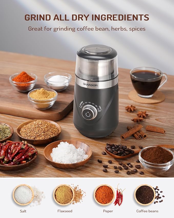 SHARDOR Electric Super Silent Blade Coffee Grinder, Timed Grind Control Rotary Knob, Adjustable Coarse to Fine for Coffee Beans, Spices & Herbs, with 1 Removable Stainless Steel Bowl,Light Gray - Bloomnest