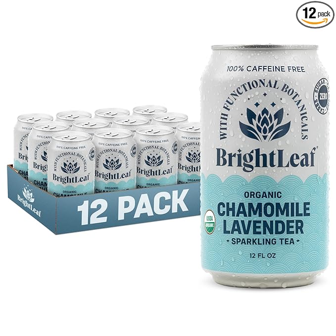 BrightLeaf Regenerative Organic Sparkling Tea, Chamomile Lavender 12 oz Cans (Pack of 12) – Zero Sugar & Zero Calories – Organic Herbal Tea Drink – Mood-boosting ingredients – Craft Brewed Botanical Beverage - Bloomnest