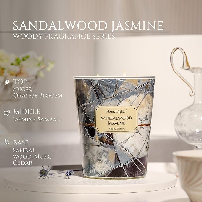 HomeLights Soy Wax Candles for Home Scented, 3-Wick Candles in Sandalwood Jasmine Scented, Industrial Chic Aromatherapy Candles Gift for Parties, Relaxing, 34oz - Bloomnest