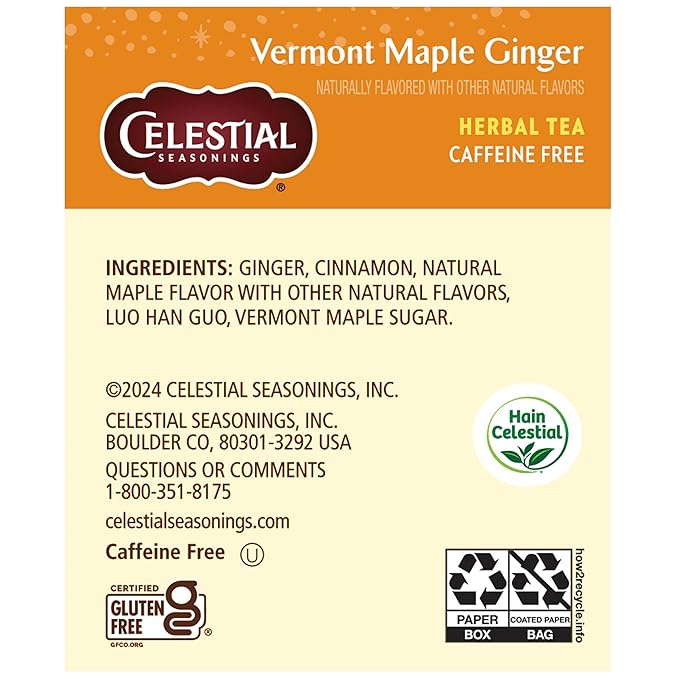 Celestial Seasonings Herbal Tea, Vermont Maple Ginger, Caffeine Free, 20 Count (Pack of 6) - Bloomnest