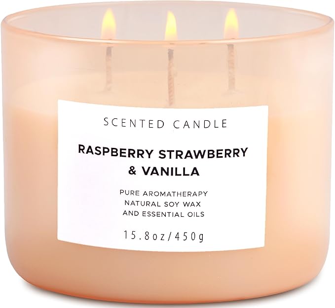 Raspberry Strawberry Vanilla 3 Wick Candle - Large 15.8 oz Soy Scented Candle, Strong Throw & Long Lasting - Fruity Berry Vanilla Candle - Aromatherapy Gift Candle for Home - Bloomnest