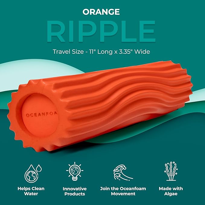 Oceanfoam Ripple Travel Foam Roller (11" x 3.35") Firm Mini Foam Roller for Physical Therapy, Deep Tissue Massage, Back Pain - High Density, Ergonomic Wave Textured - Yoga, Pilates, Exercise (Orange)
