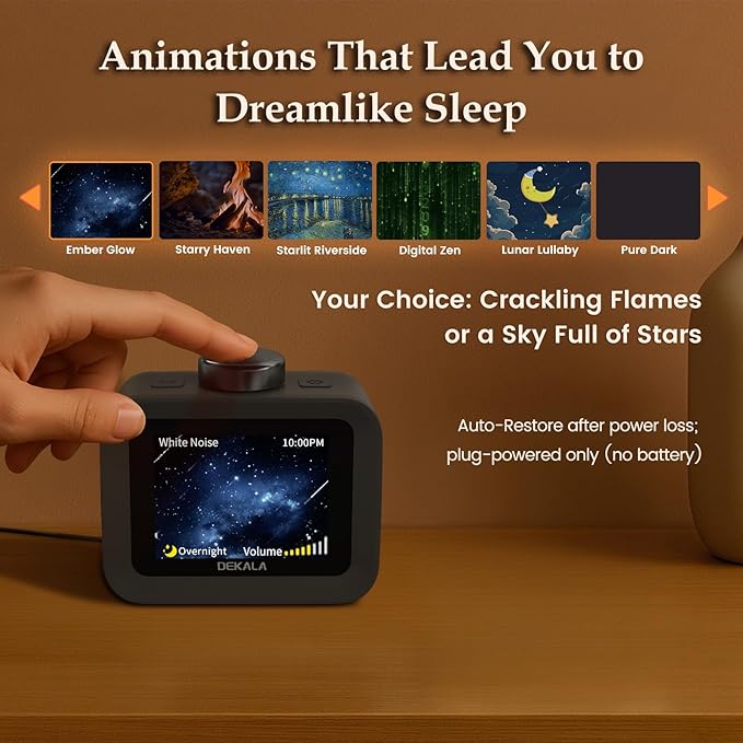 Dekala AuraDot White Noise Sound Machine for Sleep Temperature Humidity Monitor, 30 Non-Loop Soothing Sounds, Timer/Play All Night, Animationed Sleep Screen, 7-Day Programmable 4 Alarm Clock Black