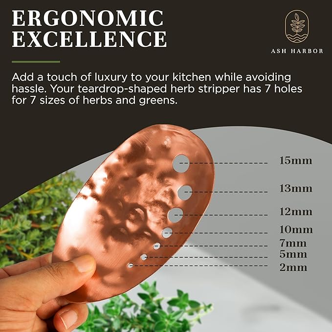 Handmade Copper Herb Stem Stripper Bowl – Herb Stripper Tool with 7 Hole Sizes – Shred & Catch Herbs & Greens - 5.5 x 3.5 In. Fun and Unique Kitchen Gadgets – Homesteading Essentials by Ash Harbor - Bloomnest