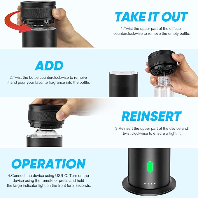 Waterless Scent Diffuser Starter Kit - Suitable for Home and Hotel Series Air Diffuser, 800 Square Inches of Coverage, 5 Kinds of Scented Essential Oils, Remote Control - Bloomnest