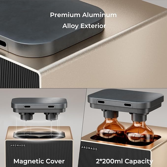 Smart Aroma Dual-Scent Waterless Essential Oil Diffuser, Cold Air Tech Scent Air Machine for 2000 Sq Ft, 2×200ml Hotel Collection Diffuser for Home & Office (Gold Titanium, Two Scents)