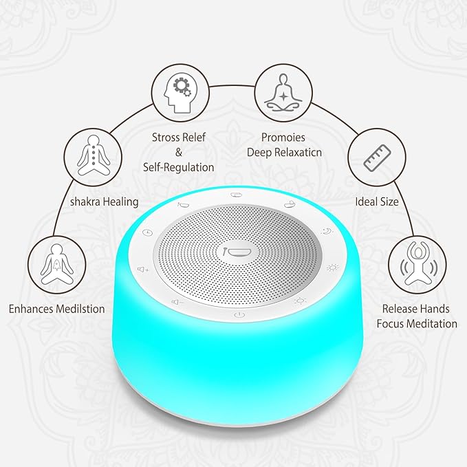 Kipcush Tibetan Singing Bowls Sound Machine - 11 Different Sized Sound Bowls with Night Light for Yoga, Meditation, Mindfulness, Healing, Chakra Healing and Stress Relief, Timer, Plug in - Bloomnest