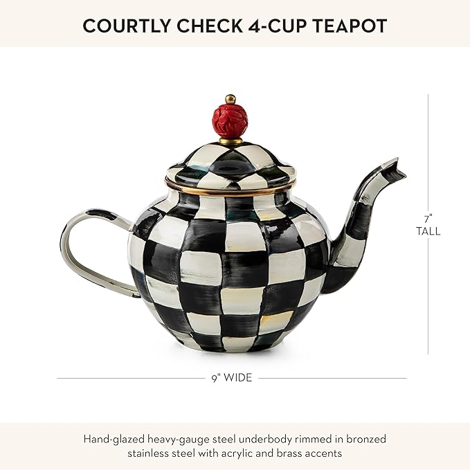 MACKENZIE-CHILDS Enamel Teapot, Cute Small Teapot with Lid, 4-Cup Capacity, Black-and-White Courtly Check - Bloomnest