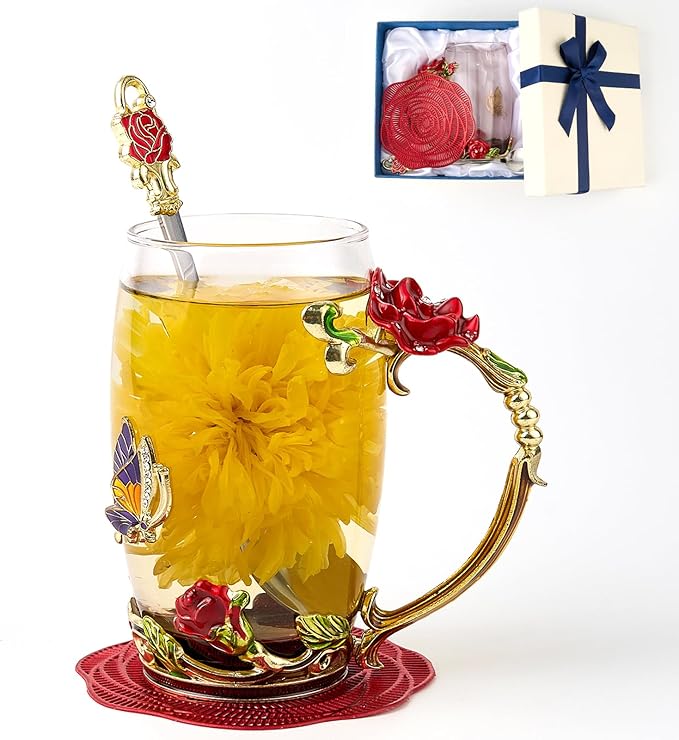 Flower Tea Cup ,Butterfly Rose Clear Glass Fancy Coffee Mug with Spoon,Gift Box for Her Mom Wife Grandma Girls Friends Valentines Christmas Birthday Present Idea for Juice,Hot And Cold Drinks Use - Bloomnest