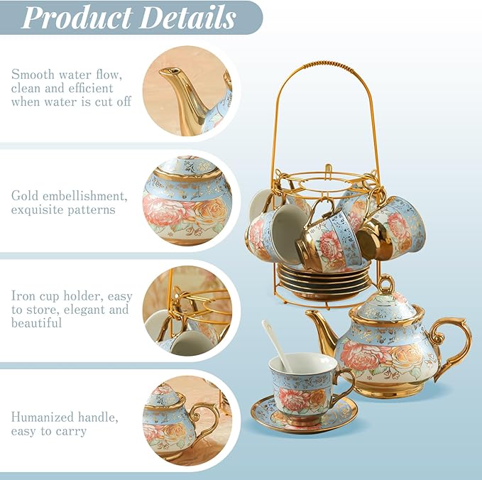 20Pcs Porcelain Tea Set for Adults, European Ceramic Tea Set Flower Ceramic Tea Cups, Teapot, & Saucers with Metal Holder for Women Tea Party (Blue) - Bloomnest