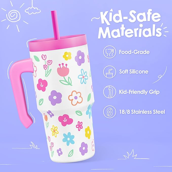 Floral Tumbler 20oz with Handle and Silicone Straw Lid for Kid, Insulated Stainless Steel Cup, Gift for Kids Girls, Gifts Idea for Birthday Christmas Back to School - Bloomnest