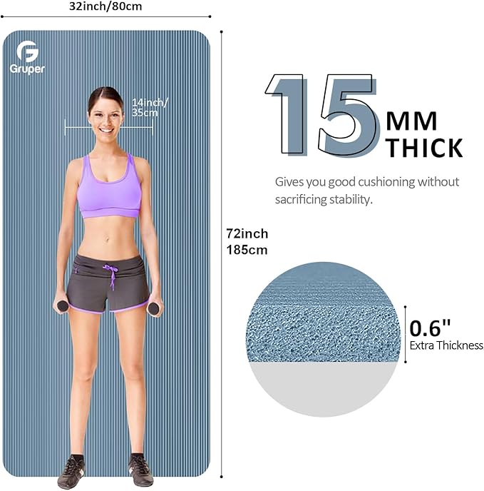 Yoga Mat Non Slip NBR Thick Yoga Mat, 72"L x 32"/24"W x 0.6"/0.4"TH (185cm x 80cm/61cm x 15mm/10mm), Anti-Tear Exercise Mat with Carrying Strap and Bag, Workout Mats for Yoga, Pilates, Floor Exercises - Bloomnest