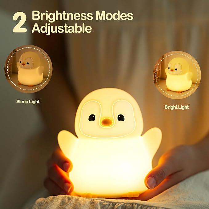 ATSUI Happy Penguin Night Light, LED Squishy Novelty Animal Lamp, Food Grade Silicone, 2 Level Dimmable, Nursery Nightlight for Desk Decor, Funny Gifts Stuff for Boys Girls Baby, White Elephant Gifts - Bloomnest