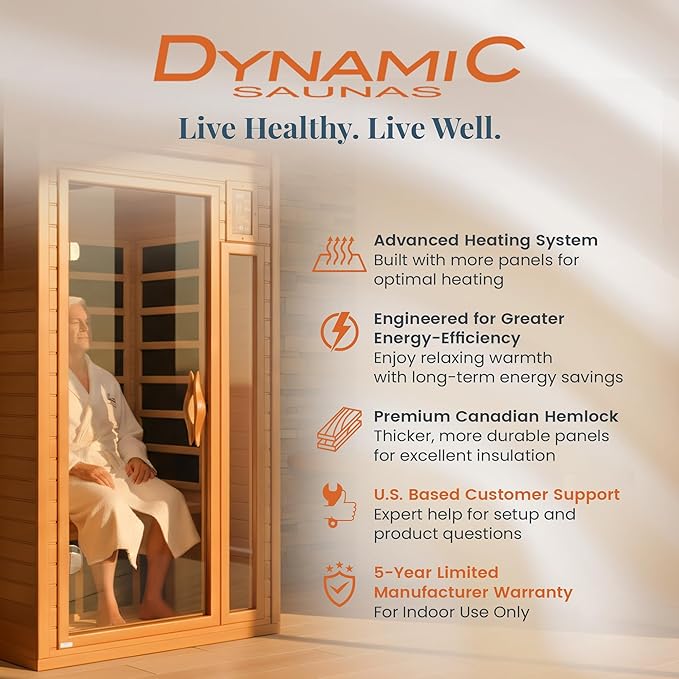 DYNAMIC SAUNAS Barcelona 1- to 2-Person Low EMF FAR Infrared Sauna with Red Light Therapy & Bluetooth Speakers | Personal Indoor Dry Heat Sauna for Home & Gym – Made from Canadian Hemlock DynamicSaunas