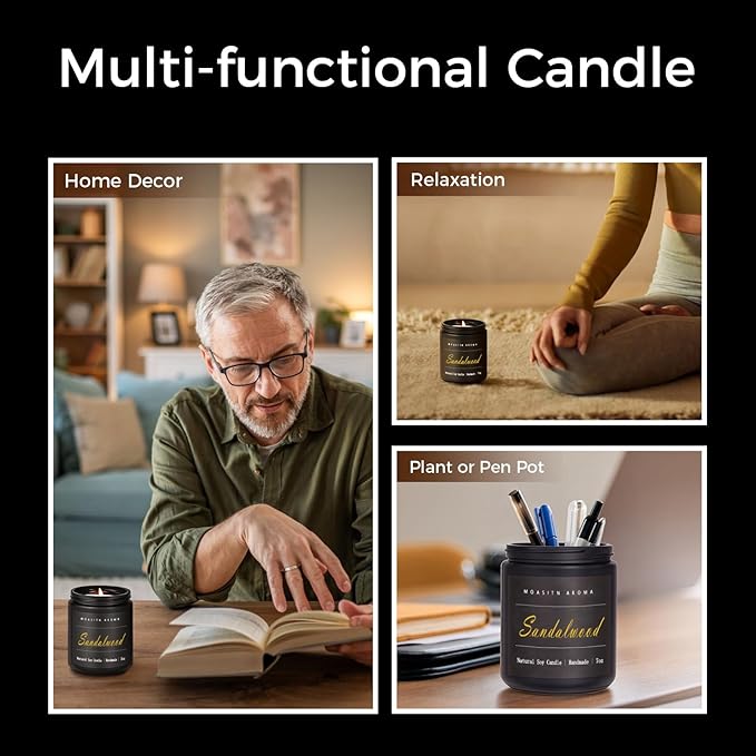 MOASITN Sandalwood Scented Candles for Home| Leather,Sandalwood,Amber Scented Soy Candle| Handmade Longlasting Aromatherapy Candle| Jar Candel Gift for Women,Men for Spring,Birthday,Relaxing|7oz - Bloomnest