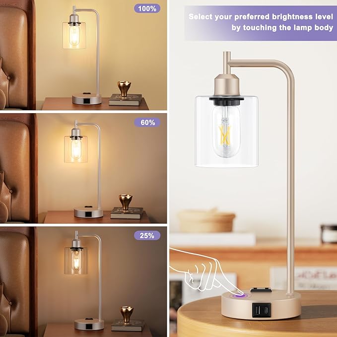 Industrial Touch Table Lamps for Bedrooms Set of 2 - 3-Way Dimmable Lamps with USB C+A Ports and Outlet, Champagne Gold Bedside Lamps with Clear Glass Shade for Living Room, Desk Lamps for Home Office - Bloomnest