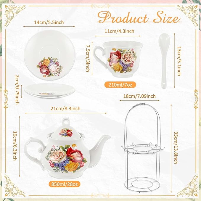 Zhehao 20 Pcs Porcelain Tea Set with Metal Holder and Spoon Adult Ceramic Tea Set European Flower Painting Teapot Cup Saucer Spoon for Women, Large Version(Floral Style) - Bloomnest