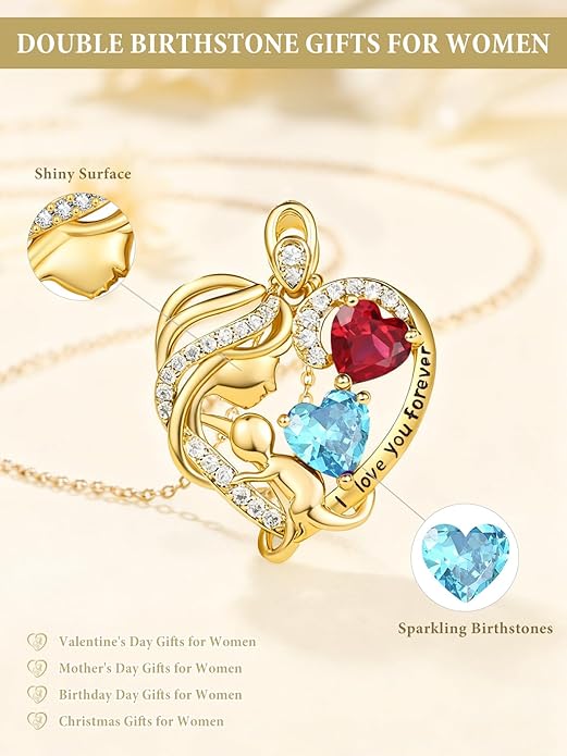 14K Gold Double Birthstone Heart Necklace for Women Mom, Mother Son/Daughter Pendant Necklace for Christmas Mother's Day Birthday Gifts for Wife Daughter Grandmom - Bloomnest