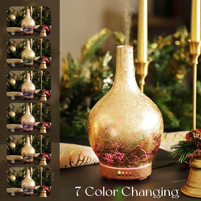 Porseme Gold Plated Essential Oil Diffuser Glass Aromatherapy Ultrasonic Humidifier, Auto Shut-Off,Timer Setting, BPA Free,Aroma Decoration for Home,Office,Gym,Spa,Premium Gift 150ml Porseme