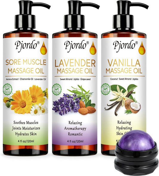 3 Pack Massage Oil for Massage Therapy, Vanilla Oil, Sore Muscle Arnica Oil, Lavender Massage Oil for Skin, Massage Roller Ball, Relaxing Massage Kit, Spa Gift Set for Him Her