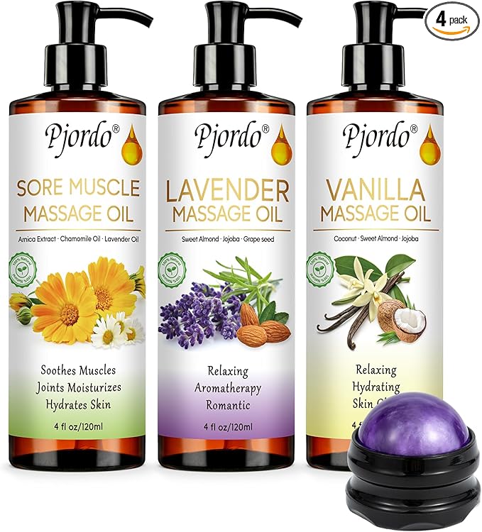 3 Pack Massage Oil for Massage Therapy, Vanilla Oil, Sore Muscle Arnica Oil, Lavender Massage Oil for Skin, Massage Roller Ball, Relaxing Massage Kit, Spa Gift Set for Him Her - Bloomnest
