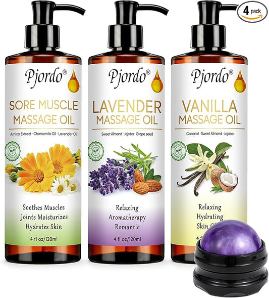 3 Pack Massage Oil for Massage Therapy, Vanilla Oil, Sore Muscle Arnica Oil, Lavender Massage Oil for Skin, Massage Roller Ball, Relaxing Massage Kit, Spa Gift Set for Him Her - Bloomnest