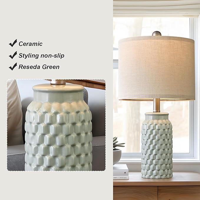 20.5 inches Modern Ceramic Green Bedside Lamp Set of 2 for Bedroom Decor Farmhouse Table Lamp for Living Room Office Dorm - Bloomnest