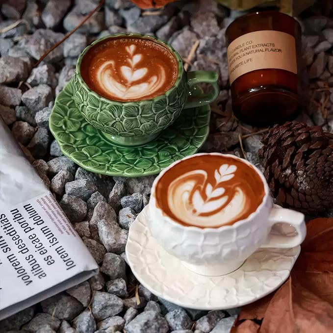 KAMMAK Tea Cups and Saucers Set of 2, Porcelain Coffee Cups, 8.5-Ounce Stackable Espresso Mugs, Ceramic Demitasse for Coffee, Latte, Americano, Tea, Green Flower - Bloomnest