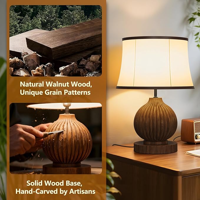 JESLED 18" Vintage Walnut Wooden Table Lamp for Living Room,Farmhouse Rustic Bedside Lamp for Bedroom Room,Office, End Table Home Decor - Bloomnest