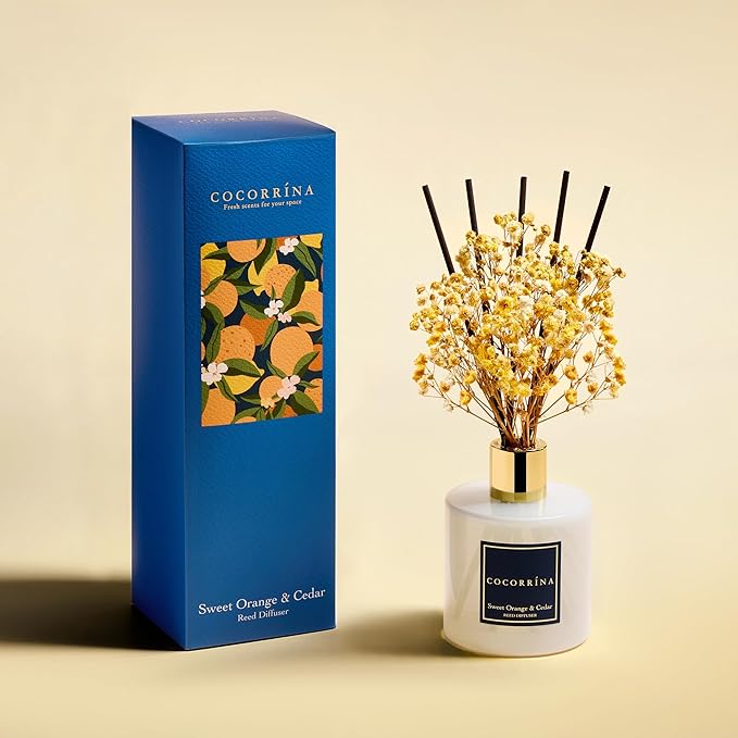 COCORRÍNA Reed Diffuser - Sweet Orange & Cedar 6.7 Fl.oz Reed Diffuser Set with Sticks & Preserved Baby's Breath, Reed Diffuser for Home Bathroom Shelf Decor - Bloomnest