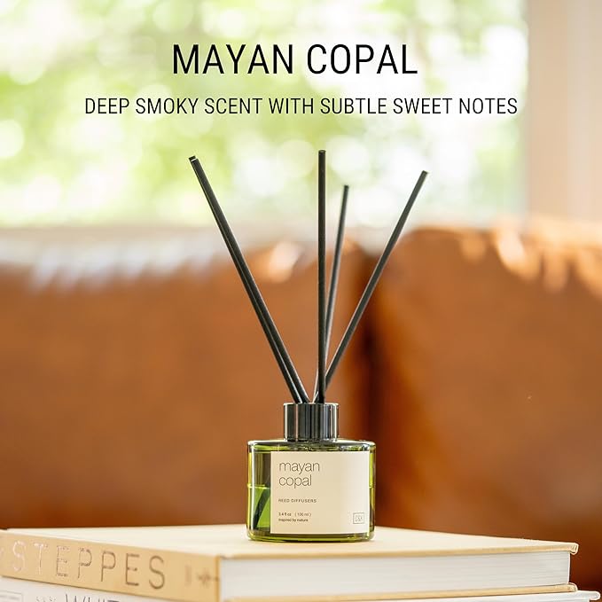 Craft & Kin Mayan Copal Reed Diffuser | All Natural Essential Oil & Rattan Scent Sticks | Winter Reed Diffusers for Home, Bathroom | Long Lasting Home Fragrance in Green Glass, 3.4oz CraftKin