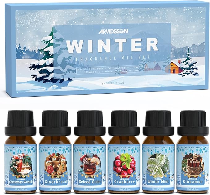 Winter Essential Oils Set, ARVIDSSON Holiday Fragrance Oil for Diffuser, Cinnamon, Christmas Wreath, Apple Cider, Gingerbread, Cranberry, Winter Mint Scented Oils for Home - Bloomnest