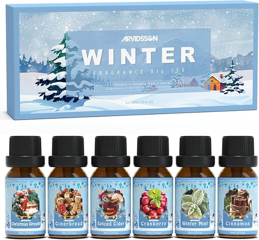 Winter Essential Oils Set, ARVIDSSON Holiday Fragrance Oil for Diffuser, Cinnamon, Christmas Wreath, Apple Cider, Gingerbread, Cranberry, Winter Mint Scented Oils for Home - Bloomnest