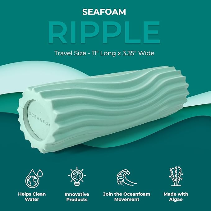Oceanfoam Ripple Travel Foam Roller (11" x 3.35") Firm Mini Foam Roller for Physical Therapy, Deep Tissue Massage, Back Pain - High Density, Ergonomic Wave Textured - Yoga, Pilates, Exercise (Seafoam) - Bloomnest