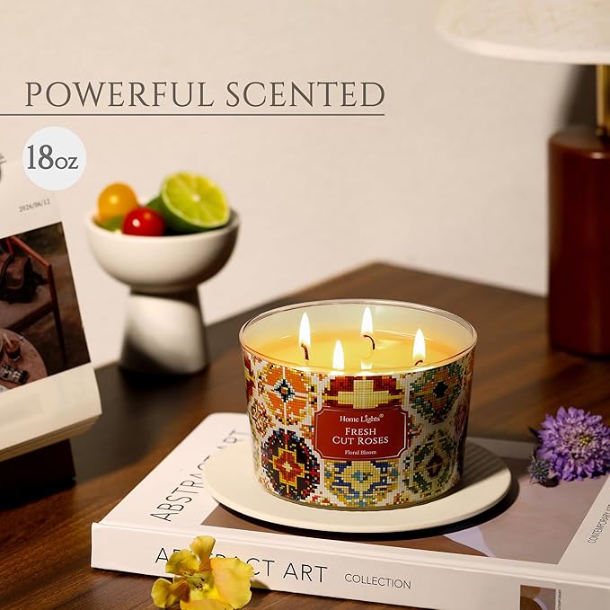 HomeLights 4-Wick Candles for Home Scented - 18oz Soy Wax Blend Candle Long-Lasting Fragrance, Bohemian Natural Textures Home Decor and Housewarming Gifts, Fresh Cut Roses - Bloomnest