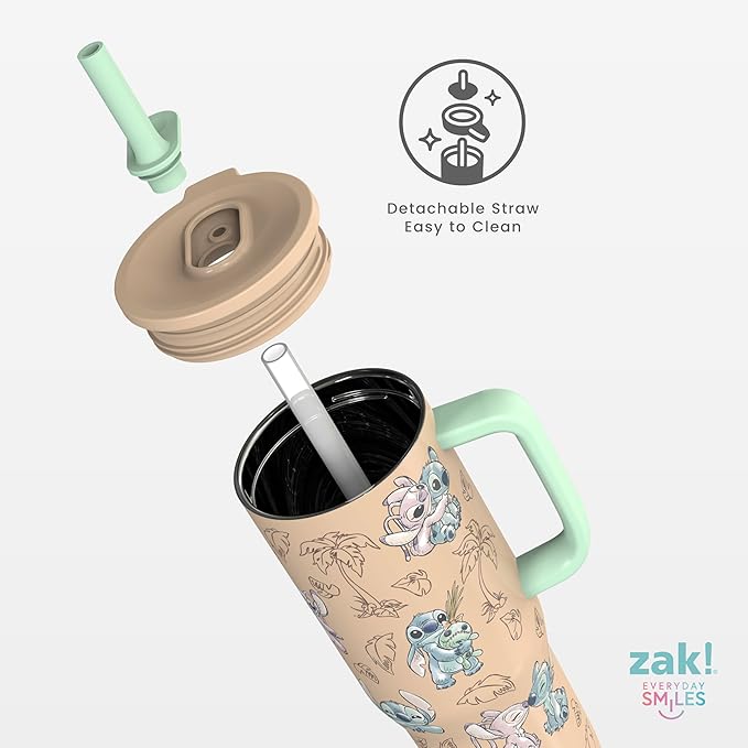 Zak Designs Disney Sutton Travel Tumbler for On the Go, 30oz Stainless Steel with Vacuum Insulation, Silicone Straw, and Carry Handle for Cold Drinks (Stitch, Angel) - Bloomnest