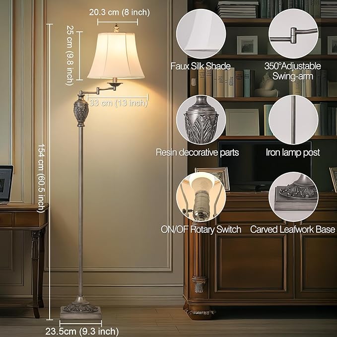 Traditional LED Floor Lamp with 350° Adjustable Swing Arm Lamp – Vintage Standing Pole lamp for Living Room, Bedroom and Office – Rustic Upright Floor Light for Home Décor with Silk Fabric Shade - Bloomnest