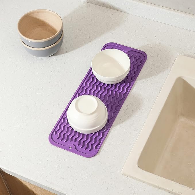 Silicone Dish Drying Mat for Multiple Usage,Easy clean,Eco-friendly,Heat-resistant Silicone Mat for Kitchen Counter,Sink,Bar,Bottle,or Cup Purple M 17 inches x 6 inches - Bloomnest
