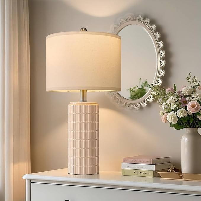 PoKat 23" Pink Ceramic Table Lamps Set of 2, Modern Bedroom Lamps for Girls Room, Bedside Lamps for Night Stands, Cute Lamps for Living Room Decor, Nightstands Desk Lamp, Pink - Bloomnest