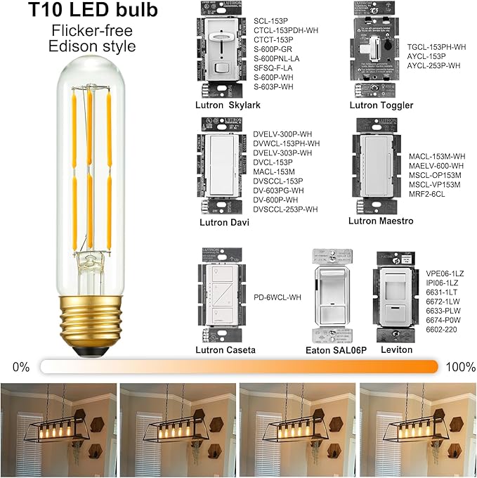 Arberlic 5 Inch T10 LED Bulb,6W Tubular Light Bulb Equivalent E26 led Bulb 60 watt dimmable,Warm White 2700K,600lm,CRI85+,AC120V,Edison Style,Clear Glass,Flicker Free,Pack of 6 - Bloomnest
