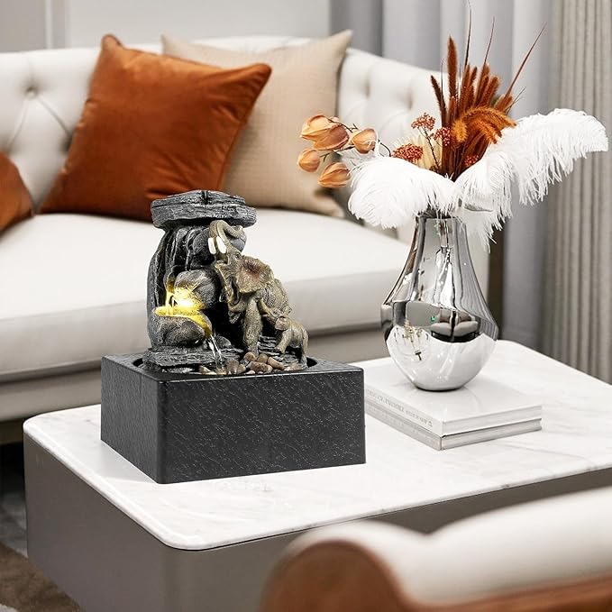 BEAMNOVA Tabletop Fountain,3 Tiered Elephant & Baby Elephant Indoor Fountains,with LED Light Water Feature for Home Office Décor