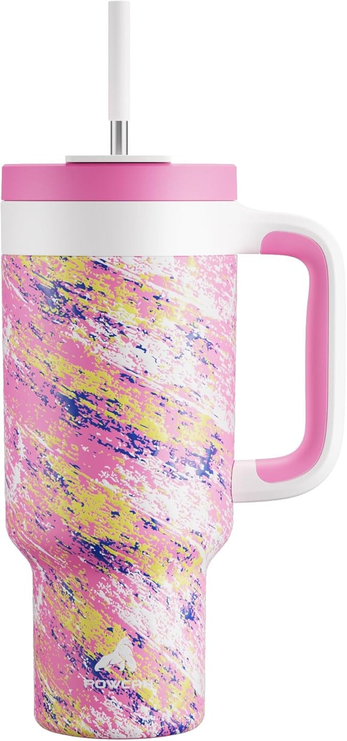 POWCAN 40 oz Tumbler with Handle, 2-in-1 Straw and Sip Lid, Leakproof, Dishwasher Safe, Insulated Stainless Steel Travel Coffee Mug, Keeps Cold for 34 Hours, Fits in Car Cup Holder (Pink Ladies) - Bloomnest