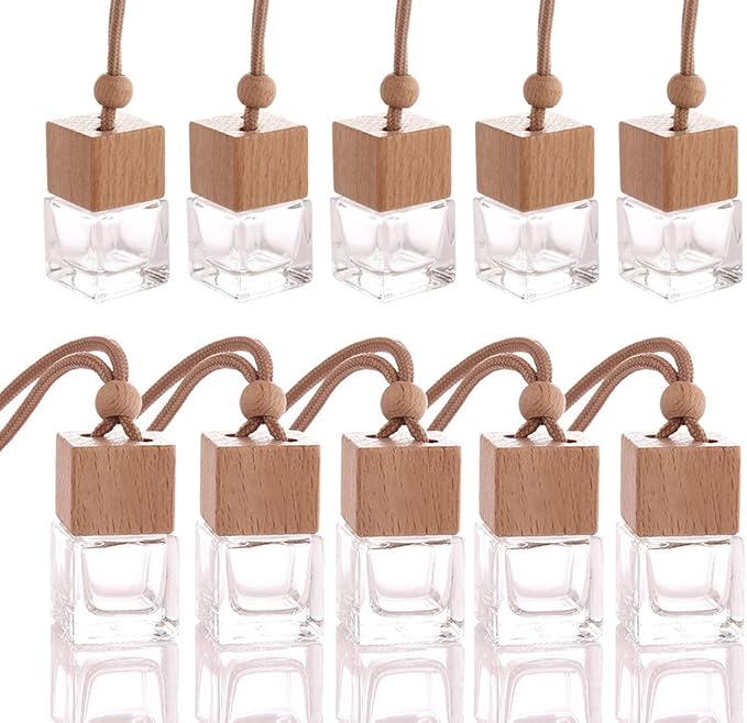 10 Pcs 8ml Car Air Freshener Ornament,Empty Clear Glass Essential Oil Diffuser Perfume Aromatherapy Pendant Vials with Wooden Caps & Hanging String-Free 1 Funnel&Dropper - Bloomnest