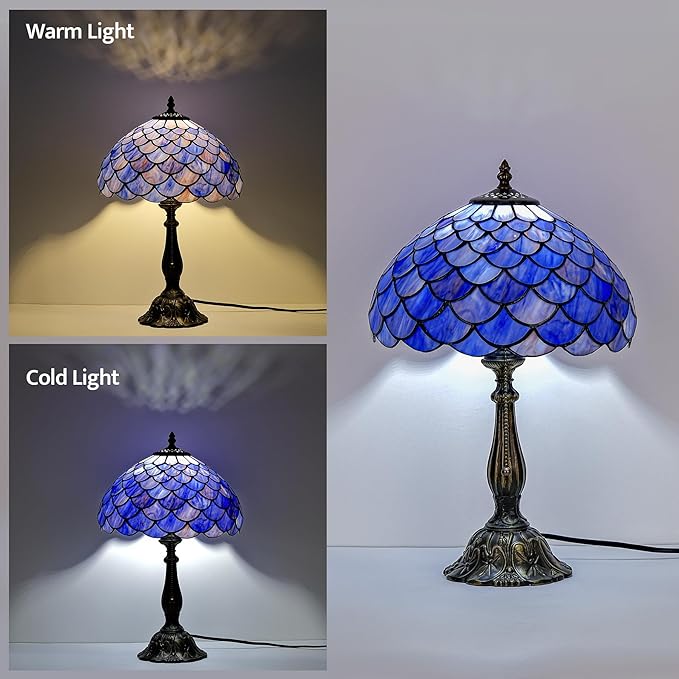 Tiffany Style Table Lamp Vintage Stained Glass Desk Lamp Deep Blue Purple Fish Scales Bedside Reading Light Decor Bedroom Living Room Home Office D12 xH18 - Bloomnest